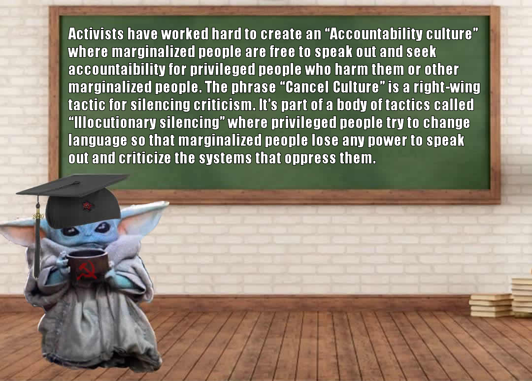 This meme is a humorous image of a character from the Star Wars franchise, Baby Yoda, sitting in a classroom. The image depicts Baby Yoda wearing a mortarboard and holding a cup of coffee, with a sarcastic expression on its face. The text above the image reads: "When you're forced to take a class on 'Cultural Marxism' and the professor is just reading the Wikipedia article on it."